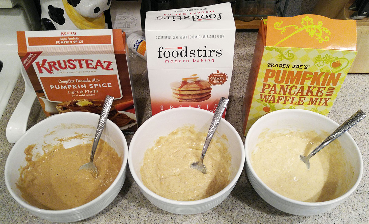 comparing three pumpkin pancake batters - Krusteaz, Foodstirs, Trader Joes
