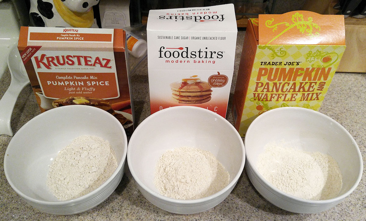 compare three pumpkin pancake mixes - Krusteaz, Foodstirs, Trader Joes
