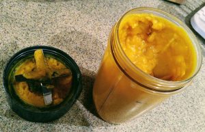 The pureed squash with broth will be thick and creamy.