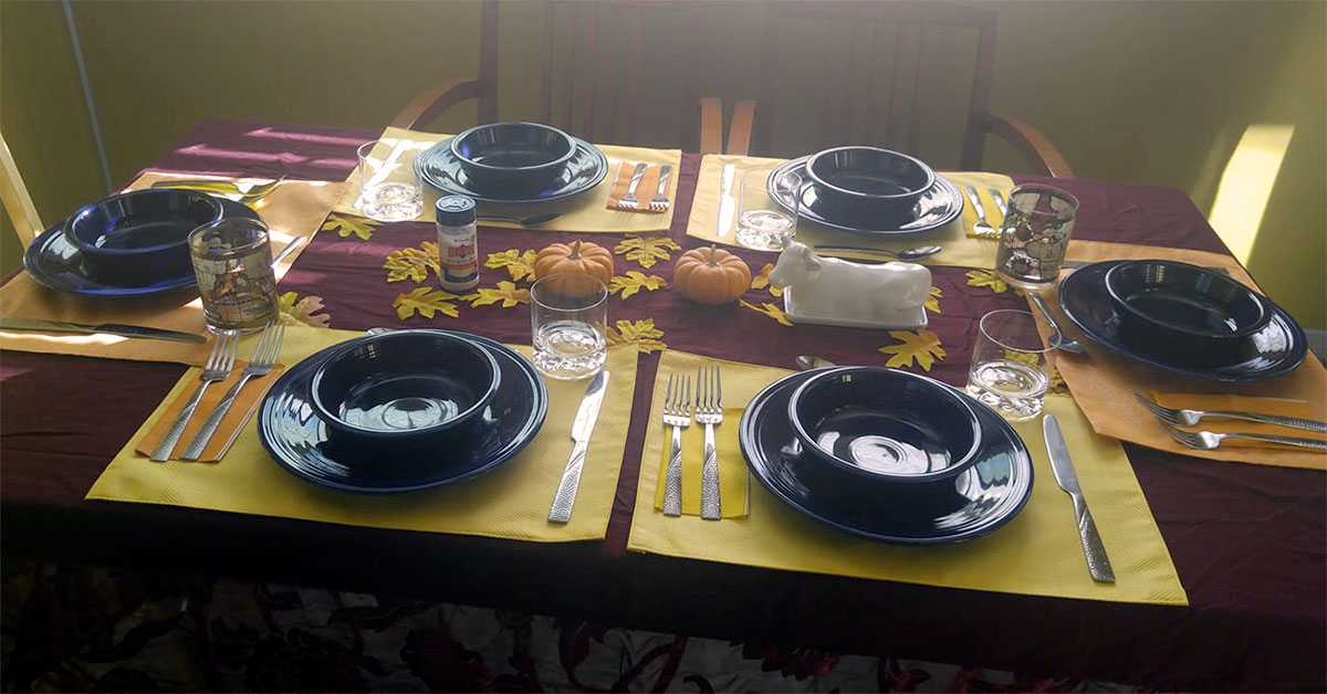 Thanksgiving dinner table set and ready to go