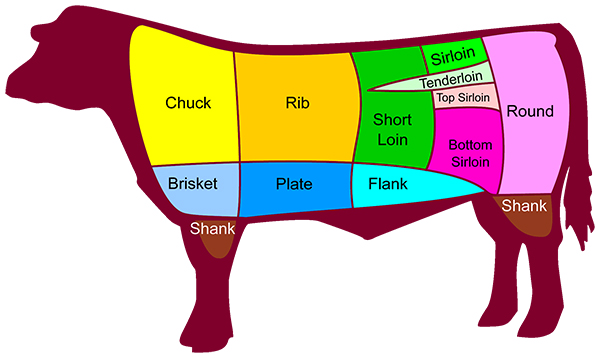 US Beef Cuts showing location of sirloin steak